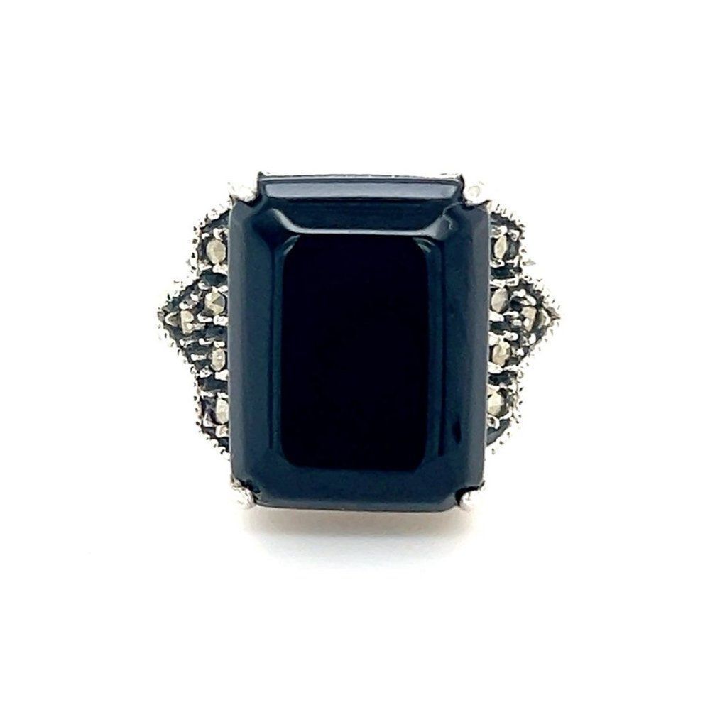 Large Rectangular Onyx/Marcasite Sterling Silver 925 Ring‎